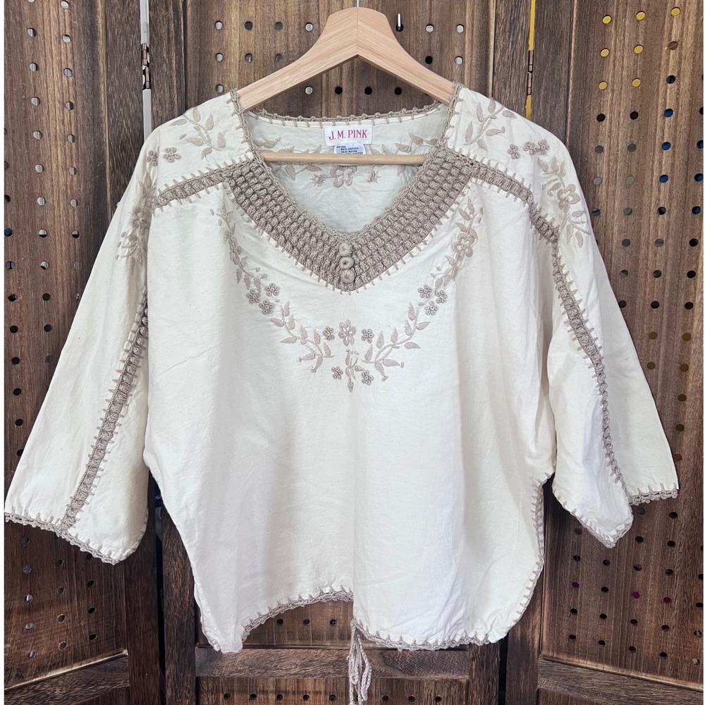 J.M. Pink Crochet Boho Top Women's Large Vtg 1990s cream light brown